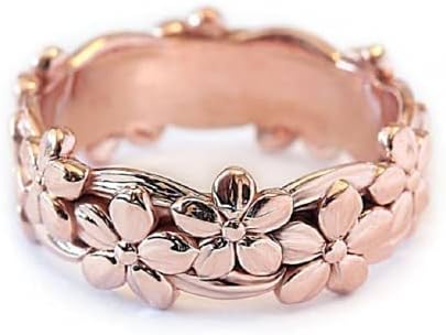Exquisite Solid 14K Rose Gold & Silver Plated Plumeria Wedding Ring for Women, Floral Vine Design
