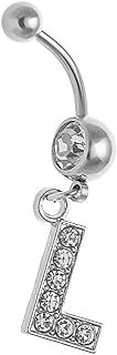 Lenacou Initial Belly Button Rings 14G Surgical Stainless Steel 26 Letter Dangle Navel Barbell Stud Cubic Zirconia Body Piercing