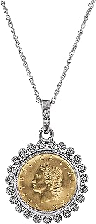 American Coin Treasures Miss Italy Italian 20 Lira Coin Pendant Necklace - Italian 20 Lira Silvertone Pendant with Blossom Bezel| Italian Medallion Pendant | 24 Inch Rope Chain
