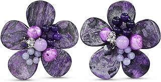 Aeravida Handmade Tropical Flower Clip-On Earrings - Purple Jasper, Agate, Crystal, & Pearl. Reconstructed Jade Design with Paddle Back in Sterling Silver - Stylish Accessory for Women