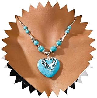 Boho-Inspired Vintage Turquoise Heart Pendant Necklace with Western Bead Choker for Women and Girls