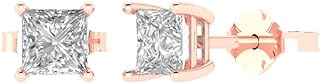 2 ct Princess Cut Solitaire Studs Genuine Clear Simulated Diamond Solid 18K Rose Gold Designer Everyday Earrings Push back