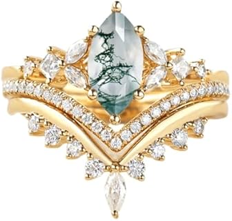 10K 14K 18K Real Gold Moss Agate Ring Set for Women，Natural Moss Agate Engagement Ring Set Unique Vintage Green Gemstone Rings,Wedding Band Ring 3 Pieces Sets Jewelry Gift for Her Mother Grandma