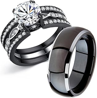 Couple Rings Black Men’s Titanium Matching Band Women CZ Stainless Steel Engagement Wedding Sets