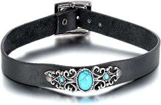 OIDEA Womens Leather Choker Necklace, Antique Imitation Turquoise Charm Collar Necklace Jewelry with Gift Bag, Adjustable Buckle