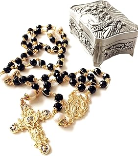 elegantmedical Handmade Gold Wire Wrapped Black Agate &11-12mm Real Pearl Beads Rosary Cross/Crucifix Necklace & Last Supper Metal Box Catholic Womens Gift