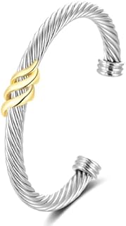 Cuff Bangle Bracelet, Stainless Steel Twisted Cable Wire Bracelets Open Bangle Silver Cuff Vintage Bracelets for Women Jewelry Gift