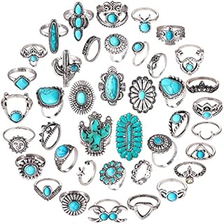Charming 36-40 Piece Vintage Silver and Turquoise Stackable Knuckle Rings Set for Women in Bohemian Styles
