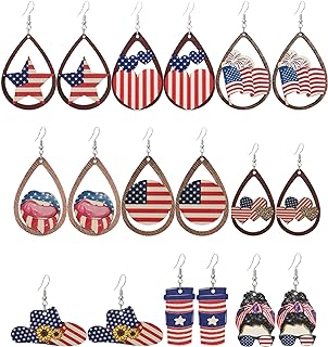 12 Pairs Cute Handmade Heart American Flag Wooden Earrings Sets 4th of July Flower Animal Wood Earrings Patriotic Star Stud Earring for Women Girls Independence Day Gift