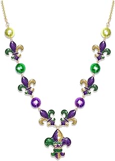 Colorful Mardi Gras Themed Women's Fleur-de-Lis Pendant Necklace with Durable Metal Ball Chain and Vibrant Alloy Beads - Ideal Festive Accessory and Gift