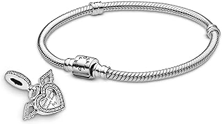 Aesthetic Pandora Charm Bracelets with Sterling Silver Snake Chain and Lobster Claw Clasp Decorated with Cubic Zirconia for Women, Heart & Angel Wings Design