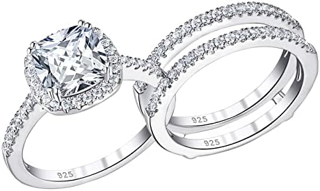 2.66CT Wedding Engagement Rings Set for Women 925 Sterling Silver Cushion Halo CZ Wedding Bands Promise Bridal Ring Enhancer for her Size 4-12