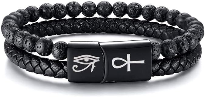 VNOX Beaded Rope Bracelet with Braided Chain Design - Leather & Stainless Steel, Engraved Egyptian Eye of Horus / Viking Vegvisir - Ideal for Stylish Men and Boys