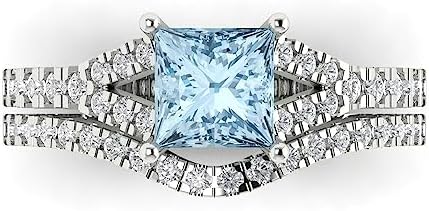 Clara Pucci 2.01ct Princess cut Custom Engraving Natural Aquamarine Engagement Ring Band Wedding Bridal Set Curved 14k White Gold Size 10