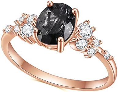 Black Rutilated Quartz Ring 6x8 mm Oval Cut Natural 925 Sterling Silver Ring Gemstone Genuine Rutilated Quartz Vintage Ring Diamond Jewelry Promise Engagement Ring Wedding Statement Ring for Women Mom Love Birthday Gift