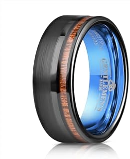 Premium Grade Men's Tungsten Carbide Wedding Band with Hawaiian Koa Wood Inlay - Versatile Leather & Brushed Black Metal Ring for Grooms & Husbands