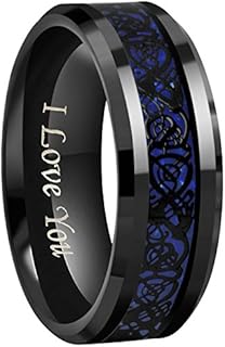 6mm 8mm Blue Carbon Fiber Black Celtic Dragon Tungsten Carbide Wedding Band Ring Engraved I Love You Size 4 To 16