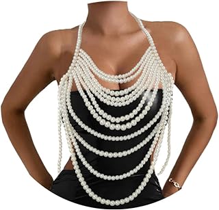 Florry Pearl Body Chain Shoulder Necklace Pearl Top Body Jewelry for Women Fashion Pearl Bra Chains for Wedding Party