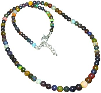 Natural Black Fire Opal Beaded Strand Necklace 925 Silver Lobster Clasp Handmade Gift Jewelry