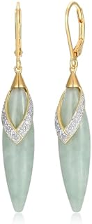 MORGAN & PAIGE 18K Yellow Gold Plated .925 Sterling Silver Genuine Green Jade and 1/20 Cttw Diamond Leaf-Shaped Leverback 2" Dangle Earrings (I-J Color, I2-I3 Clarity)