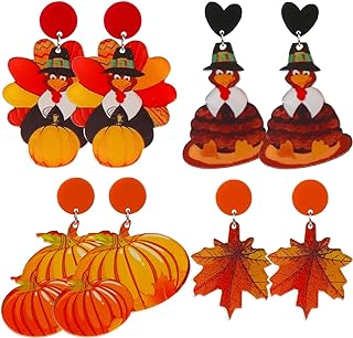 4 Pairs Fall Earrings For Women autumn Acrylic Earrings Stud Holiday Earrings For Women Pumpkin Earrings Thanksgiving Earrings Turkey Earrings Fall leaf Earrings Jewelry