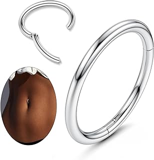 14G Clicker Belly Button Ring for Women White Gold Plated Hoop Belly Button Rings Shiny CZ Belly Button Clicker Oval Belly Ring Reverse Navel Body Belly Piercing Jewelry