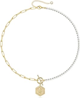 Dainty Gold Pearl Initial Necklaces for Women, 14k Gold Plated Letter Initial Necklaces for Women Trendy Dainty Paperclip Chain Toggle Clasp Hexagon Pendant Pearl Choker Necklace for Women Jewelry Gifts