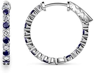 14K White Gold Blue Sapphire and Natural Diamond Inside-Out Hoop Earrings with Hidden-Snap-Posts for Women, Elegant Design