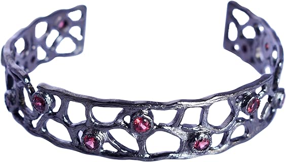 Exquisite Sterling Silver Garnet Cuff Bangle - Handcrafted Marvelous Red Gemstone Bracelet - Perfect Gift for Her