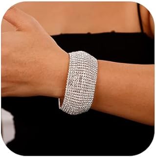 Denifery Crystal Rhinestones Cluster Wide Bangle Bracelet Rhinestone Stackable Stretch Bracelets for Women and Girls