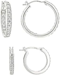 Cubic Zirconia Sterling Silver Hoop Earrings Set of 2 - Stunning Platinum Over Sterling Silver Hoops - Hoop Earring Sets for Women - Faux Diamond Hoops - Summer Jewelry fo Women - 1.14ctw