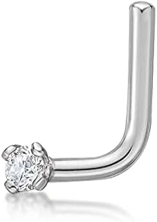 Lavari Jewelers 22 Gauge L-Shape Stud Nose Ring for Women in 14k White or Yellow Gold with 0.01 to 0.07 Carat Genuine Diamond