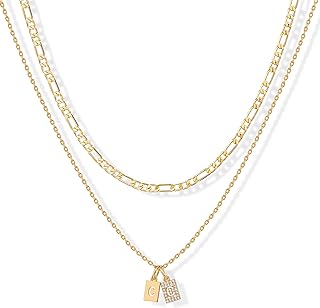 PAVOI 14K Gold Plated Initial Letter Double Dog Tag Pendant Necklace | Dainty Cubic Zirconia Letter Tag Round Box Chain Necklaces for Women