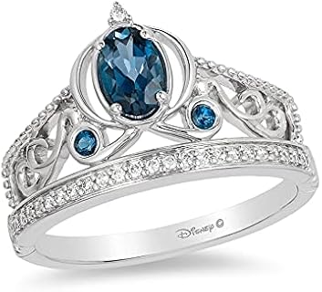 Enchanted Disney Cinderella Carriage Tiara Sterling Silver Ring with London Blue Topaz and Diamonds for Disney Princess Lovers