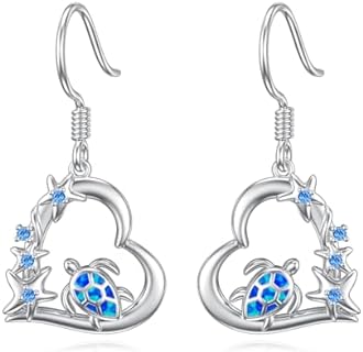 Leverback Cubic Zirconia Opal Sterling Silver Turtle Dangle Earrings - Beach-Inspired Jewelry Gift for Women and Girls