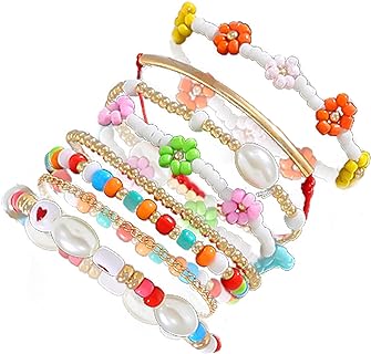 COLORFUL BLING Boho Flower Beaded Bracelets Set, Stacking Style Stretchy Bracelets Anklets, Retro Gold Beads Baroque Pearl Red Strings Love Heart Charms Women Girls Summer Beach Vacation Jewelry Gift