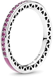 PANDORA Radiant Hearts of PANDORA Ring - Stackable Sterling Silver Ring for Women - Sterling Silver with Orchid Enamel and Cerise Crystals - Size 7, With Gift Box