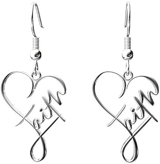 Silver Faith Dangle Earrings, Zinc Alloy, Love Heart Design, Hoop Style, Inspirational Jewelry for Women