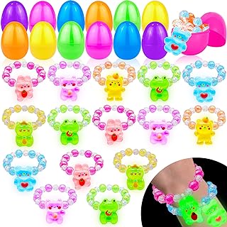 TURNMEON 24 Pack of Glow-in-the-Dark Bead Bracelets in Colorful PVC Easter Eggs - Bunny Design for Kids - Ideal for Easter Egg Hunt & Party Favors
