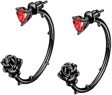 Beautlace Rose Hoop Earrings Sliver/Black Gun Plated Cute Elegant Rose Flower Hoop Earrings with Birthstone Jewelry Gifts for Women KE0102