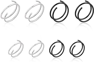 DIVINA VITAE 8 Pcs Spiral Nose Ring Double Hoop Nose Ring for Single Piercing, 8/10mm Double Twist Earrings 316L Stainless Steel Spiral Earrings for Women (Black + Silver)