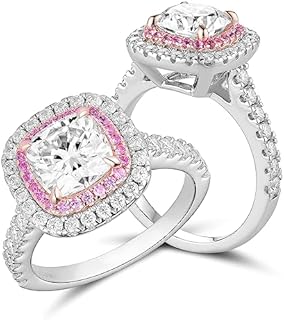 DovEggs Moissanite Rings for Women 2ct Center 7.5mm GHI Cushion Cut Moissanite Lab Grown Double Halo Engagement Ring Solitaire Wedding Ring Pink Sapphire Accents 14K Gold QUALITY Silver Two Tone