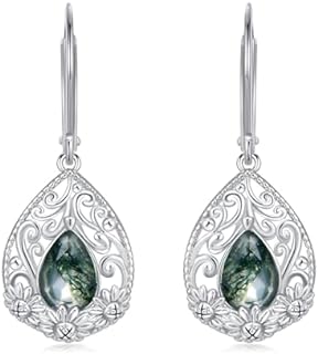 Natural Moss Agate Earrings 925 Sterling Silver Moss Agate Dangle Drop Earrings 5 * 7mm Pear-Cut Moss Agate Jewelry Valentine's Day Gifts for Women Girls