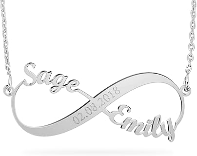 JOELLE JEWELRY Collier Infini Personnalisé Prénom Gravé en Or Plaqué 18K et Argent 925, Idéal comme Cadeau pour Femme et Amoureux, Parfait pour Occasions Spéciales et Sensible Peaux