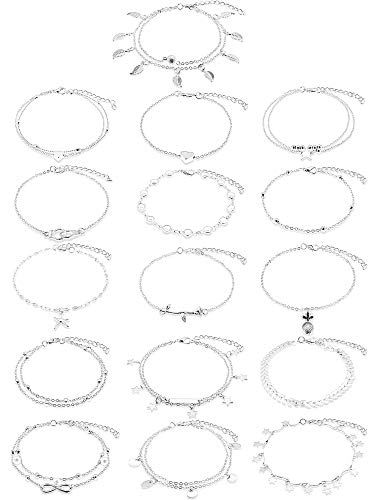 16 Pieces Ankle Bracelets 14K for Women Girls Anklets Set Silver Gold Girls Boho Beach Anklets Foot Chains Adjustable Foot Hand Jewelry Romantic Gift