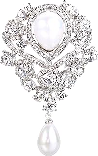 EleQueen Women's Silver-Tone Austrian Crystal White Simulated Pearl Teardrop Bridal Brooch