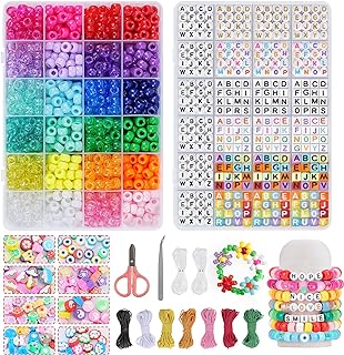 QUEFE 1920pcs 24 Colors Pony Beads Polymer Clay Beads Bracelet Making Kit, with Letter Beads Charms and Elastic Strings for Friendship Bracelets Jewelry Making