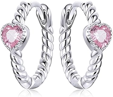 Pink Love Heart Sterling Silver 925 Sleeper Small Hoop Earrings for Women Girls Dainty Rhinestone CZ Crystal Endless Huggie Hoops Cartilage Earring Eternity Love Statement Jewelry Hypoallergenic