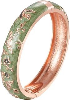 Enamel Rose-Gold-Plated Bangle Bracelet with Spring-Hinge-Opening Clasp, Bird & Flower Design by UJOY Colors Handcraft Jewelry