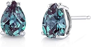 Peora Created Alexandrite Earrings for Women 14K White Gold, Classic Solitaire Teardrop Studs, Color-Changing Pear Shape 7x5mm, 1.75 Carats total, Friction Back